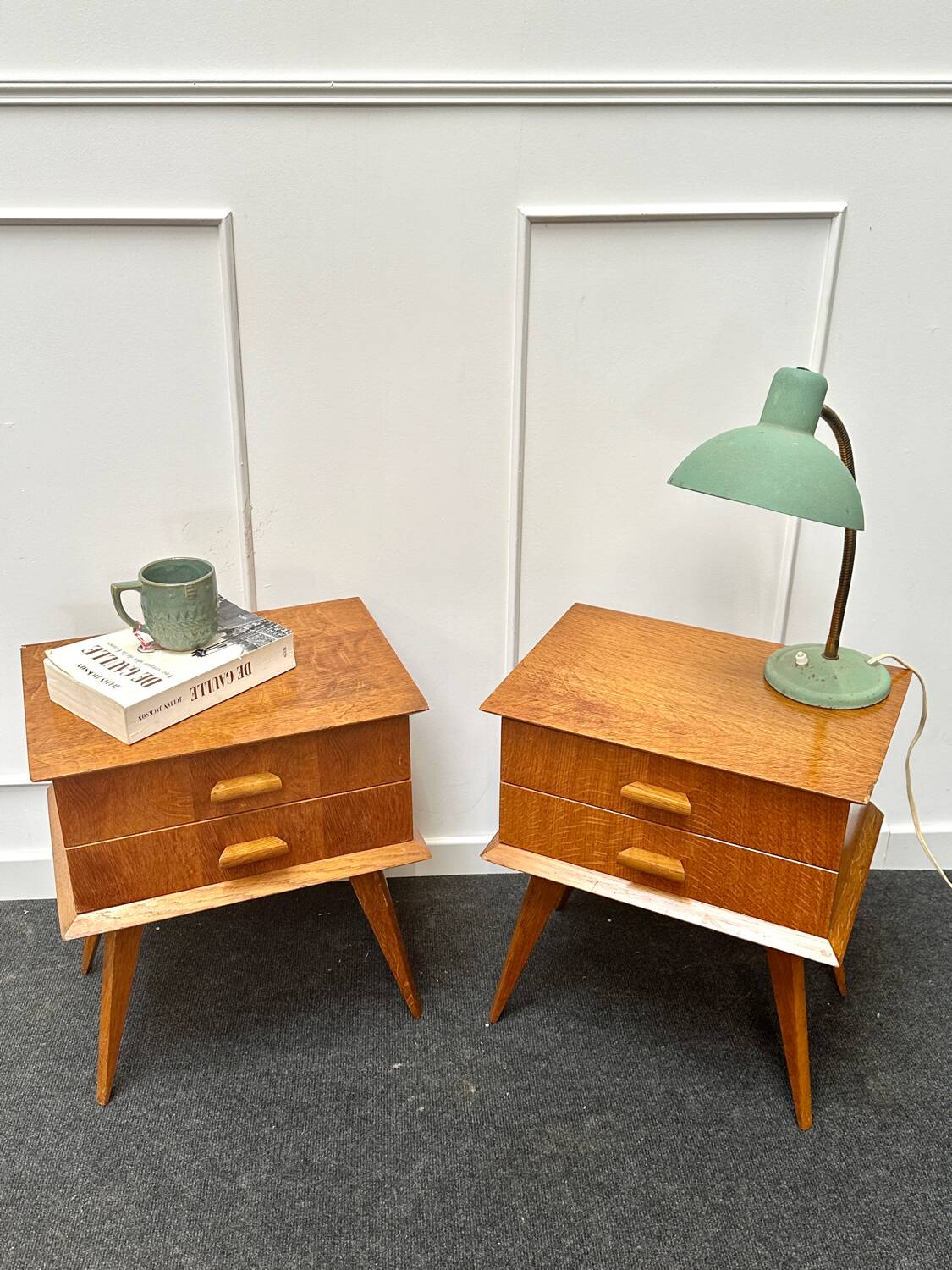 Pair of bedside tables with compass legs