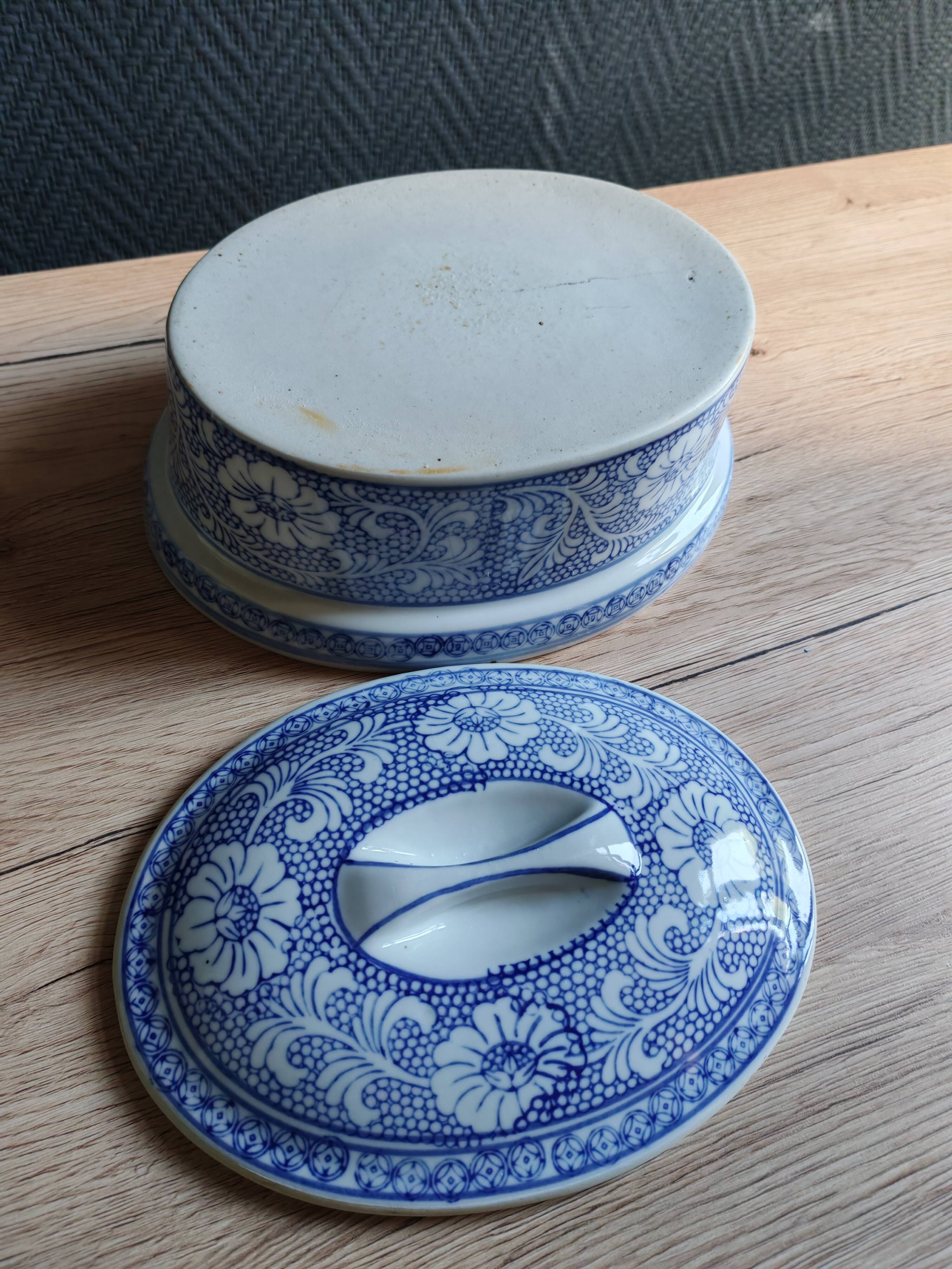 Oval Vintage Terrine in Blue and White Porcelain, Casserole with Lid