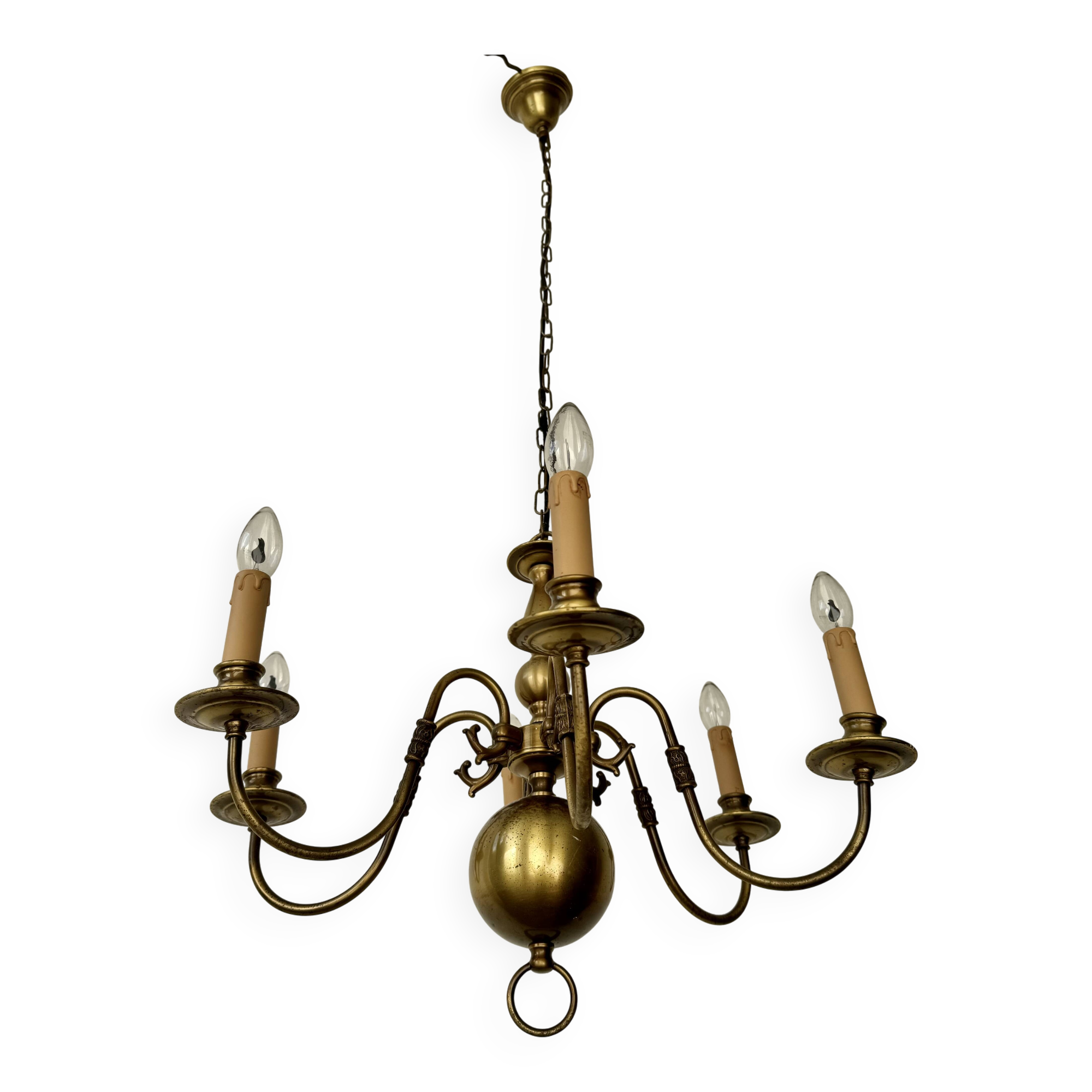 Vintage 6 Arm Brass Dutch Chandelier