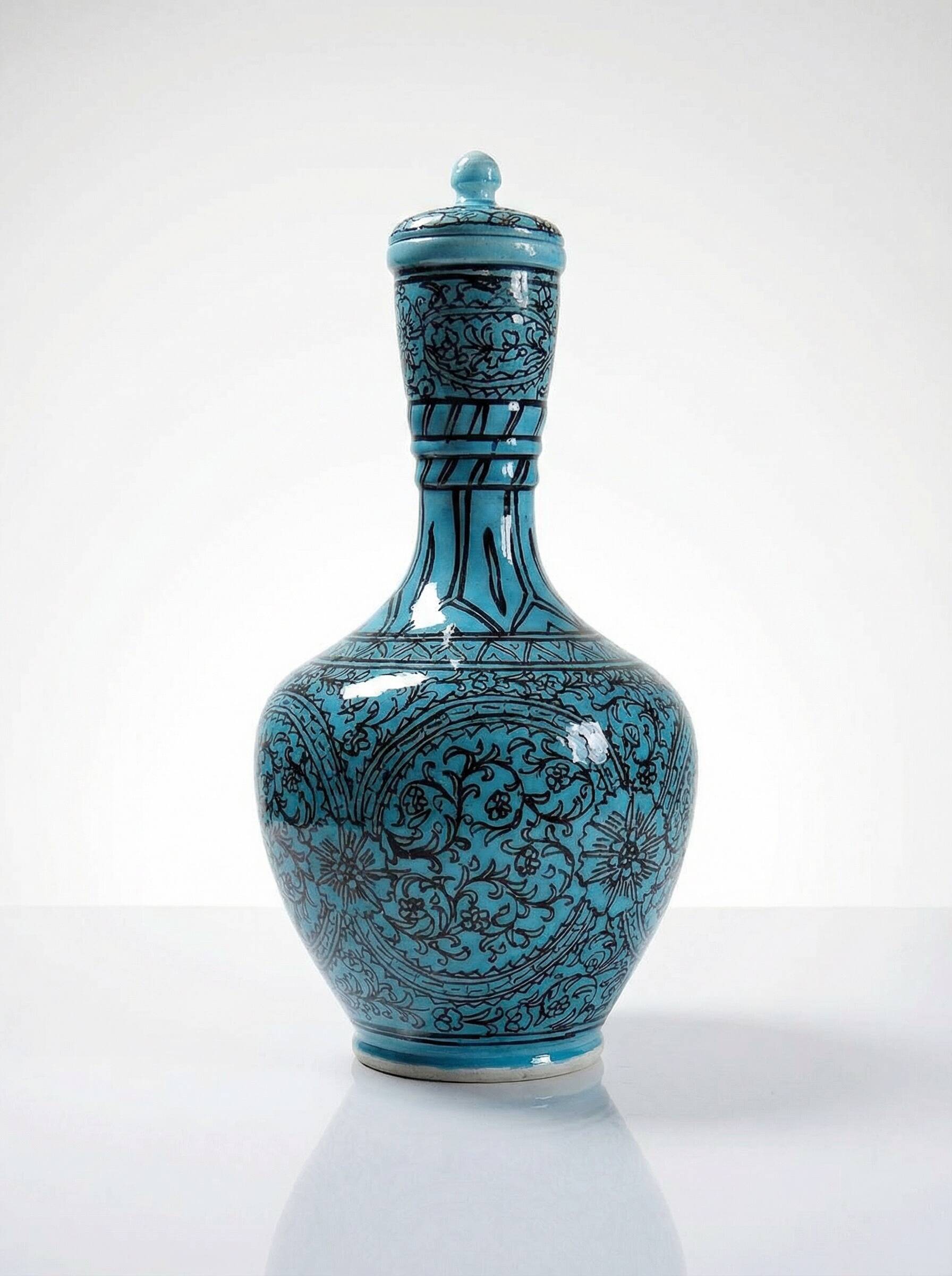Covered vase or Persian jar, glazed Iznik pottery, vintage turquoise painted.