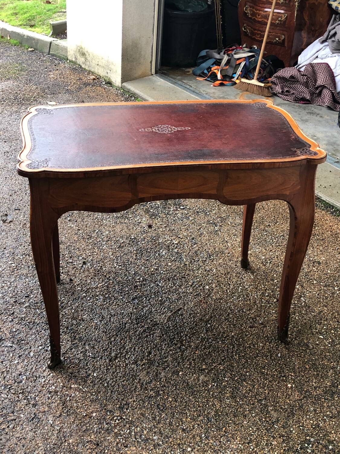 Desk, writing table with old glazed leather top