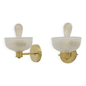 Attributed to Barovier & Toso Brass and Pulegoso Murano Glass Sconces, Pair