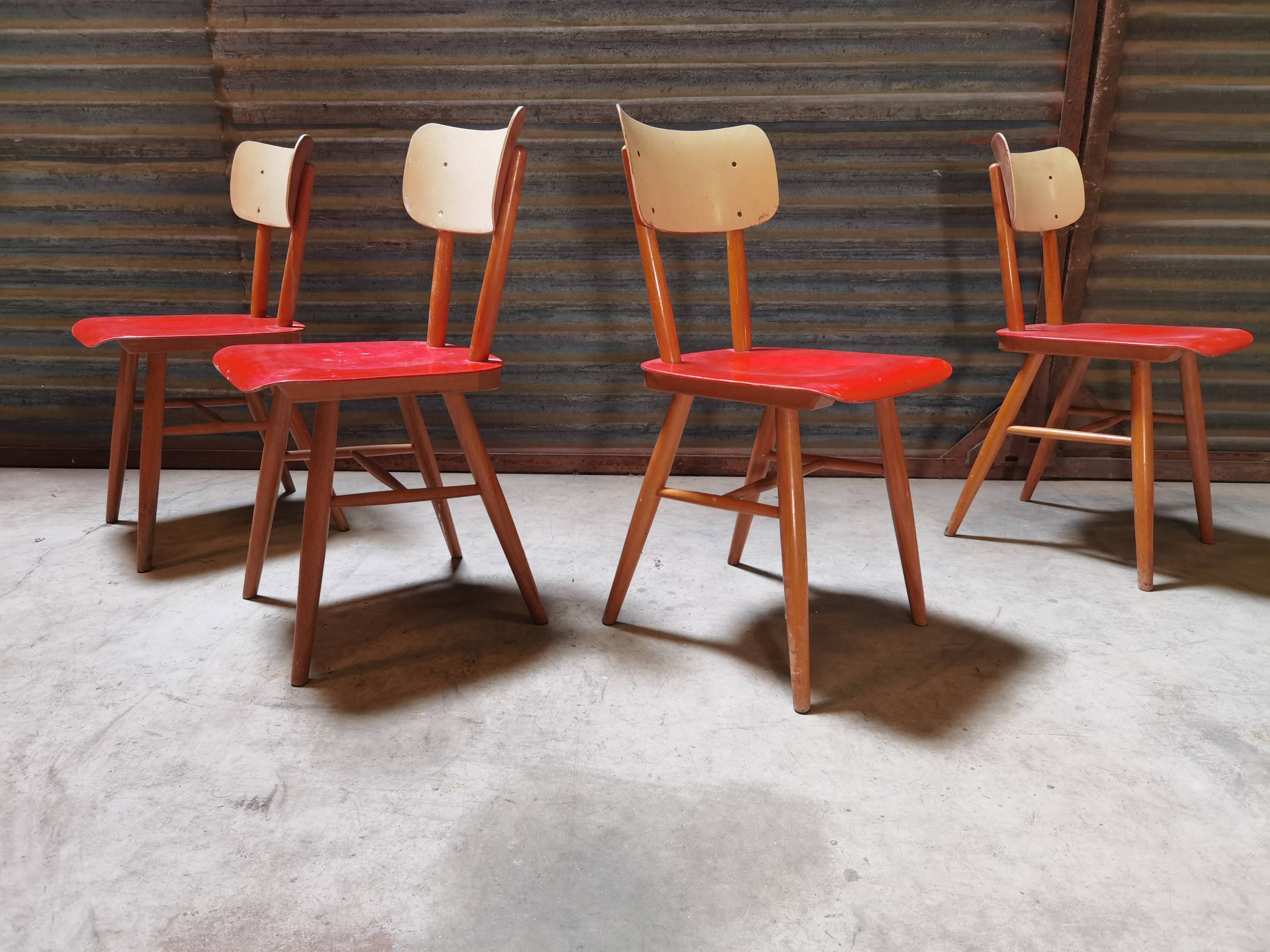 Set of 4 red wooden chairs published by Ton, 60s