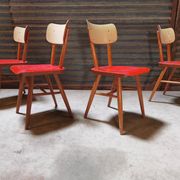 Set of 4 red wooden chairs published by Ton, 60s