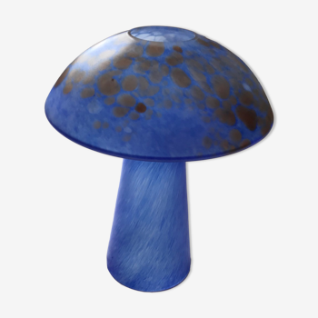 Lampe champignon en pâte de verre bleue tachetée de brun/ocre