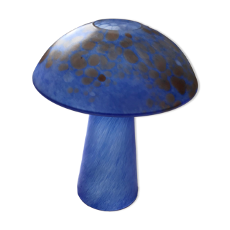 Lampe champignon en pâte de verre bleue tachetée de brun/ocre