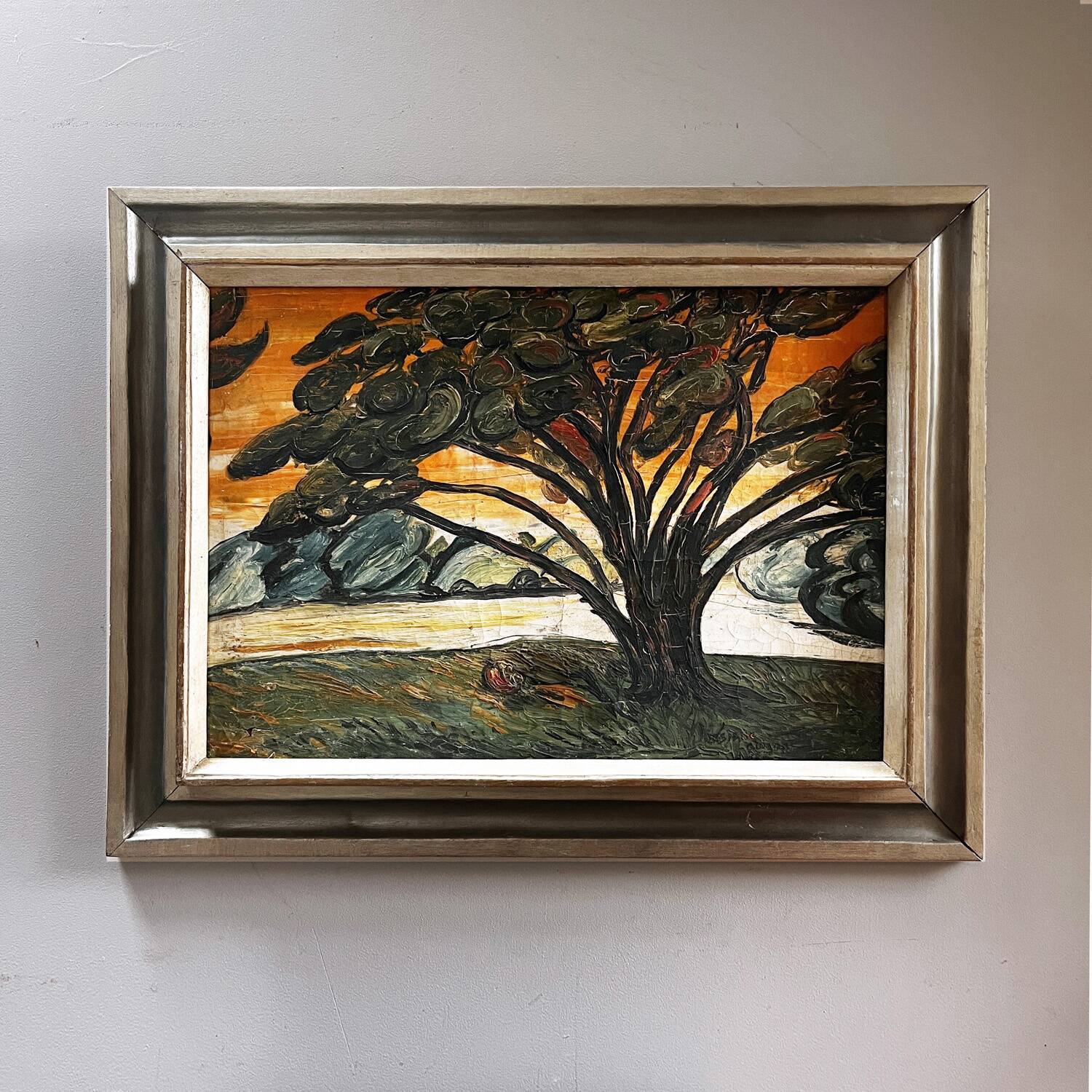 Mid-20th century painting "Tree at Sunset"