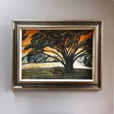 Mid-20th century painting "Tree at Sunset"