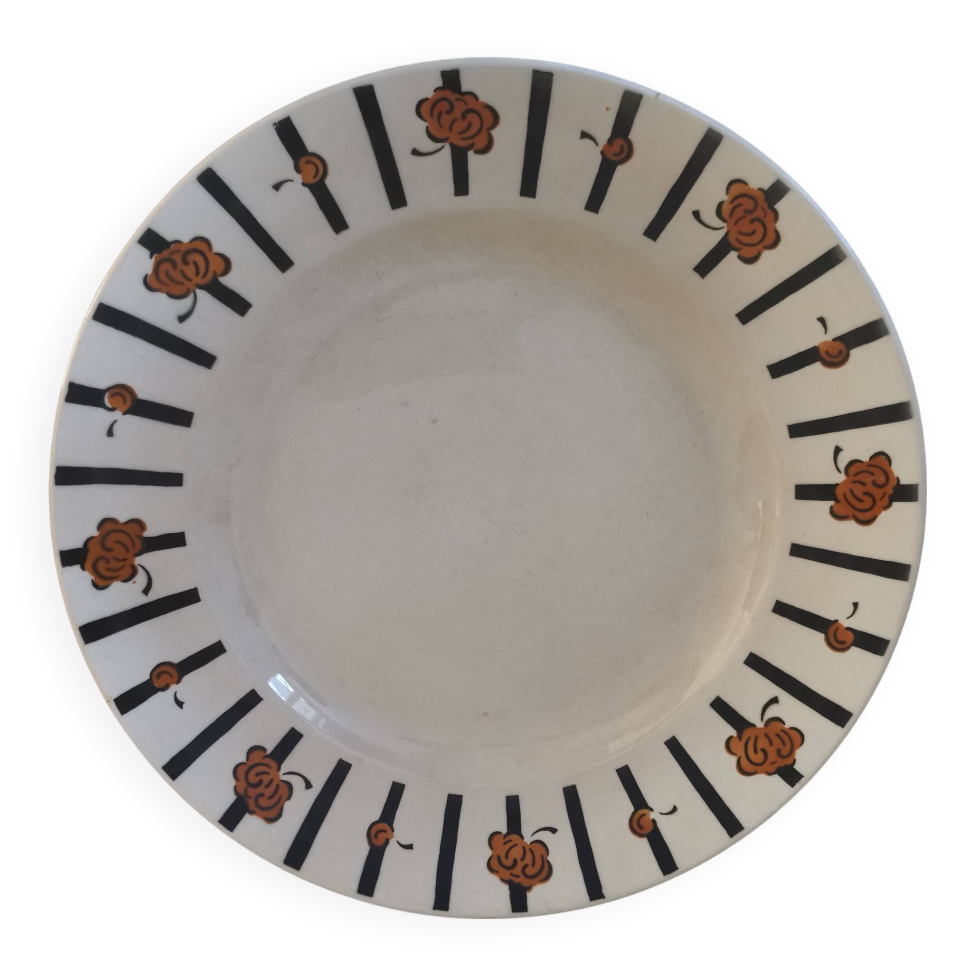 Old Round Serving Dish “Badonviller” black and orange