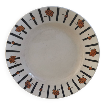 Old Round Serving Dish “Badonviller” black and orange
