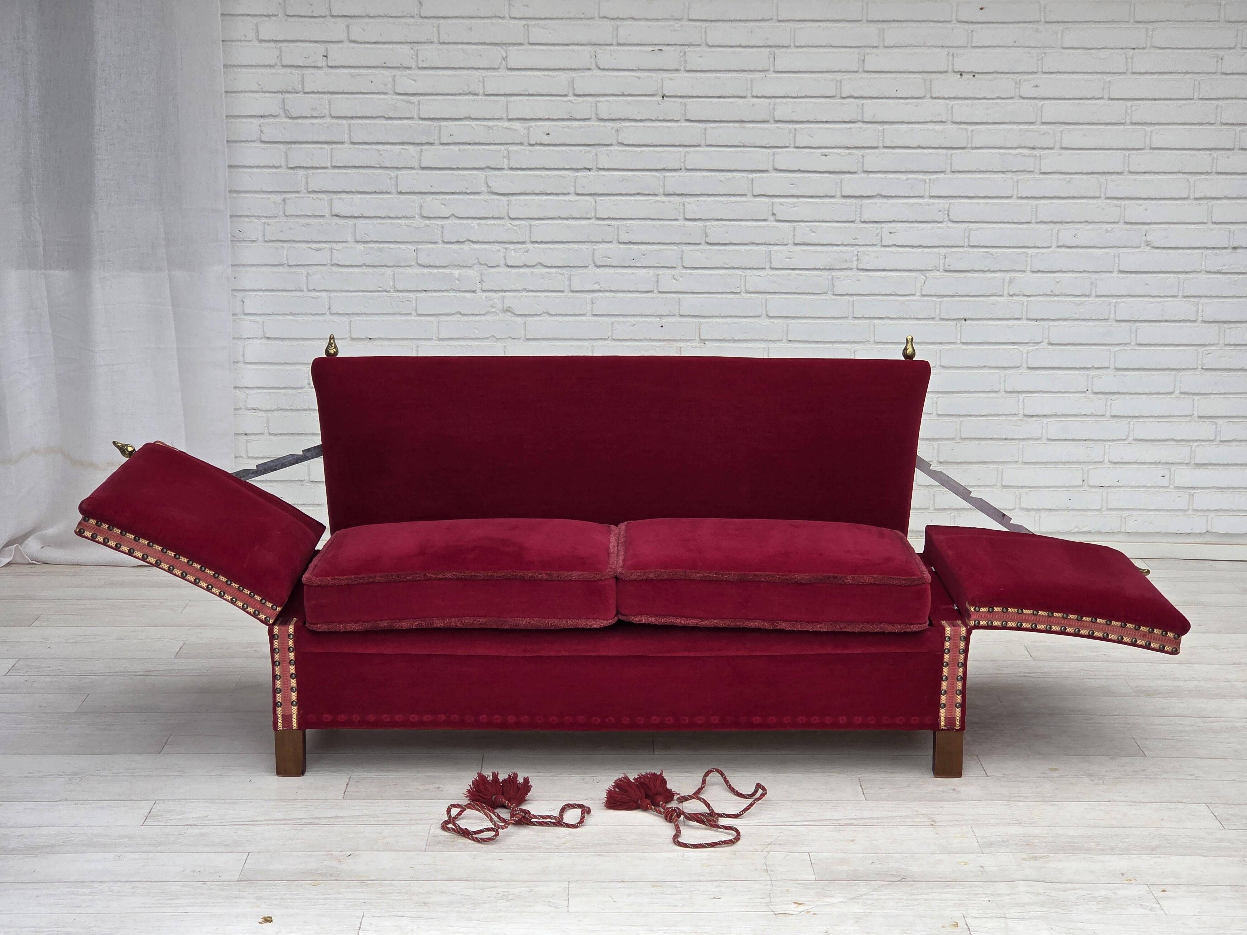 1970s, Danish 2-seater "Spanish" drop arm sofa, red furniture velour.