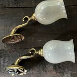 Pair of vintage brass and glass wall lights