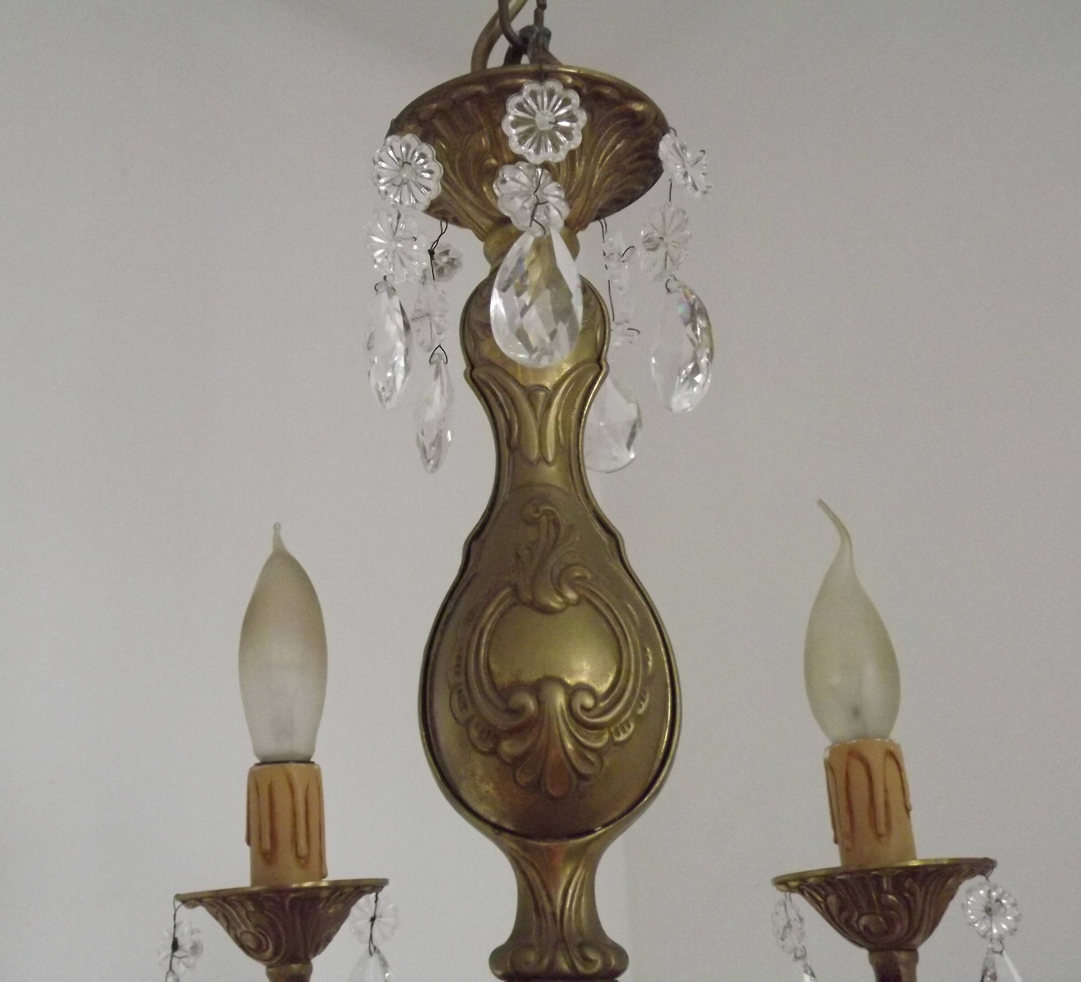 French Mid-Century Bronze 6-Light Chandelier with Crystal Droplets 5491