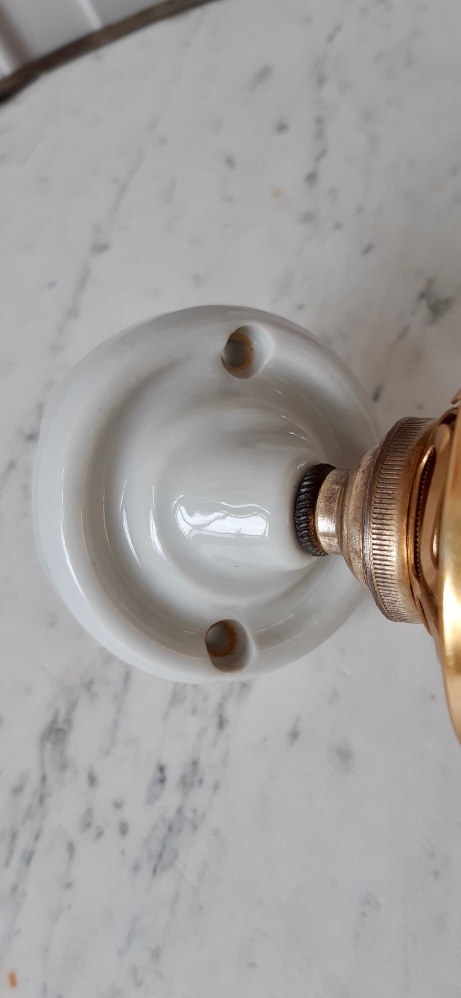 Glass tulip bathroom wall lamp and white porcelain base early XXth