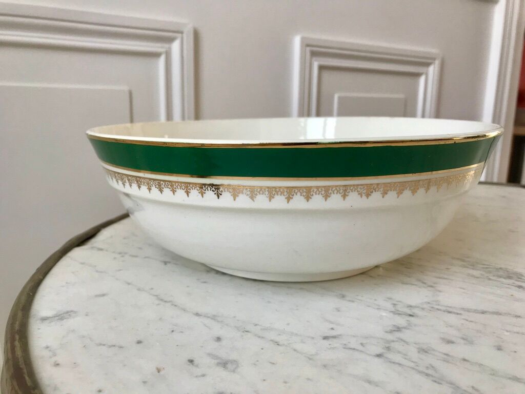 salad bowl Digoin Sarreguemines model "Martine" green and golden 50s
