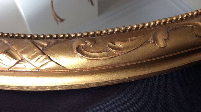 Large Baroque Mirror • Oval Arch • Carved Wood • Resin • 1950