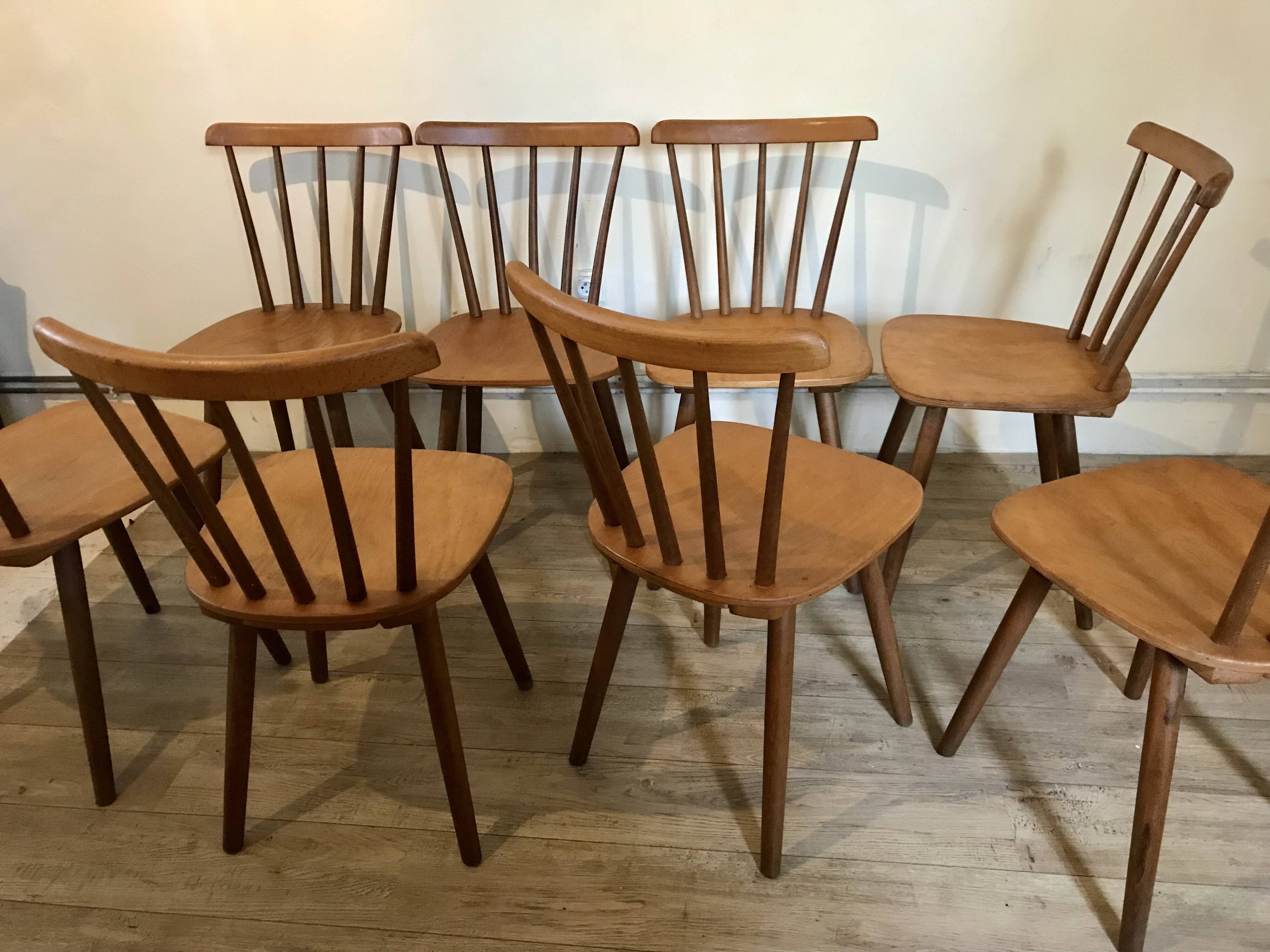 Set of 8 vintage chairs with bars and compass legs 1960