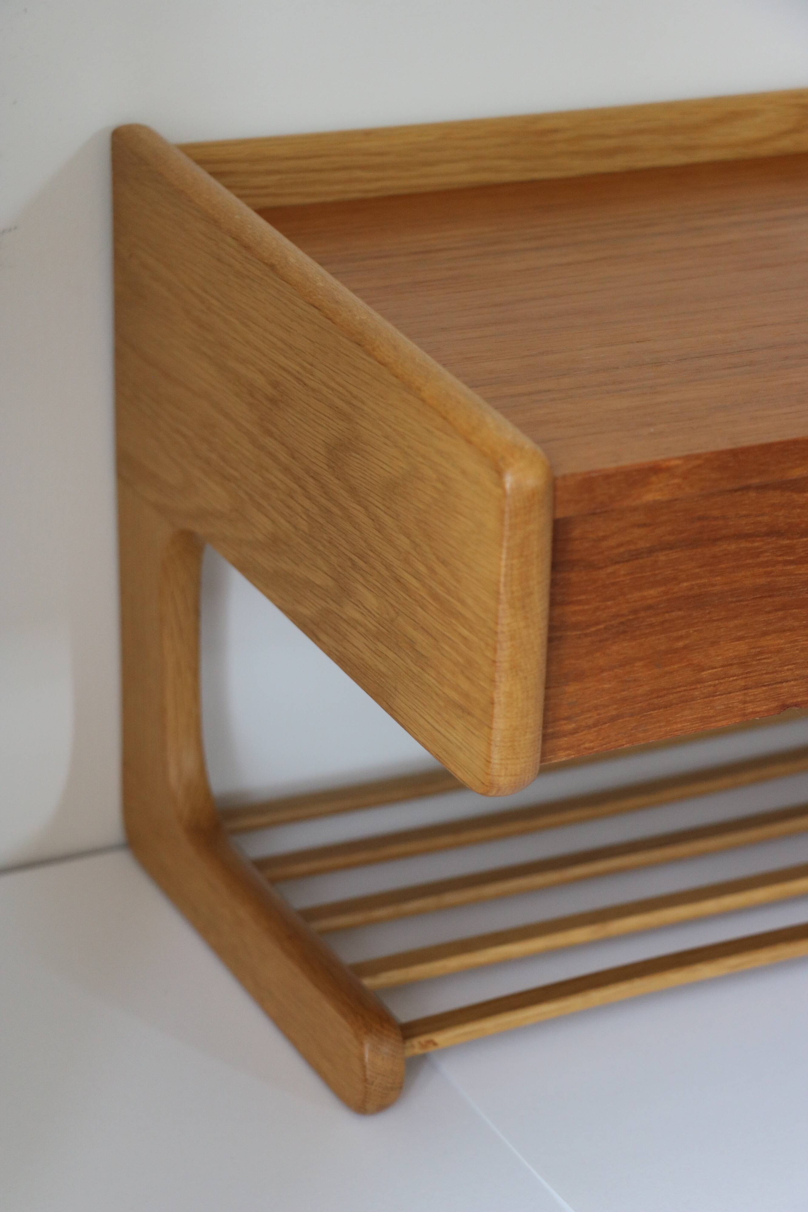 Scandinavian bedside table or wall console, oak and teak 1960
