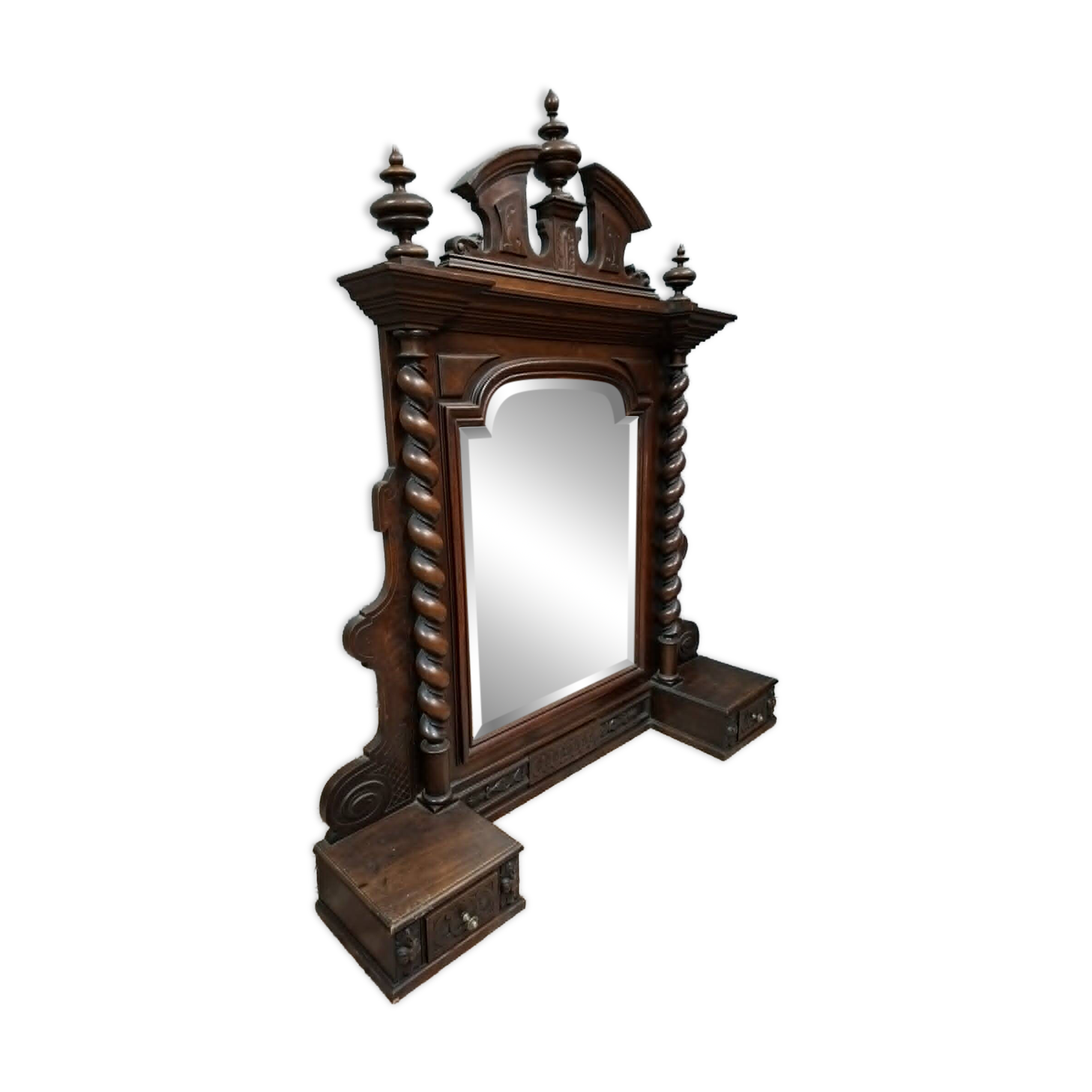 Large Buffet Mirror or Psyche in Henri II Style, Carved Walnut, Late 19th Century