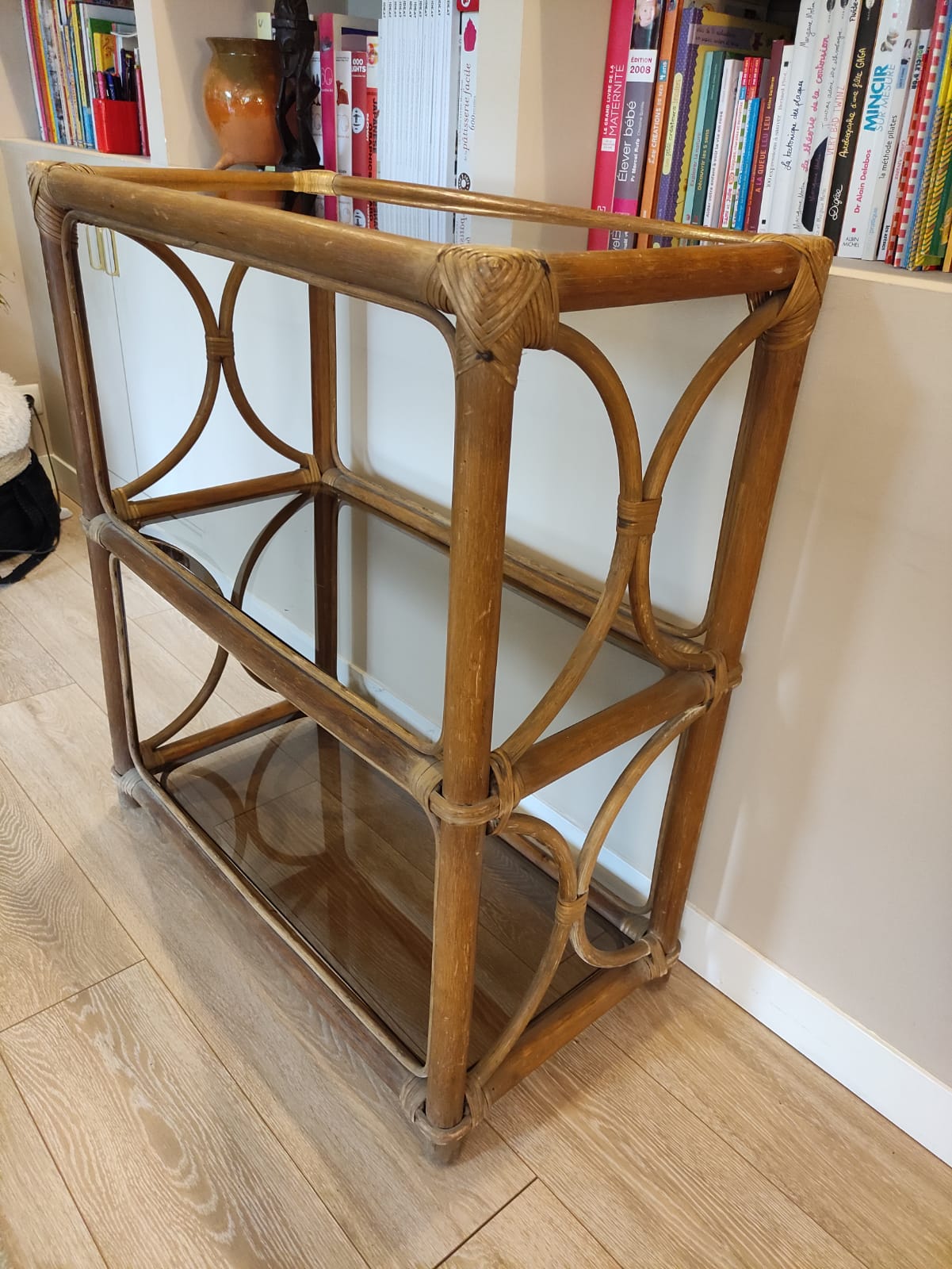 Rattan bookcase shelf and vintage smoked glass