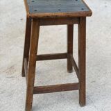 High workshop stool in dark wood and grey blue linoleum 60cm
