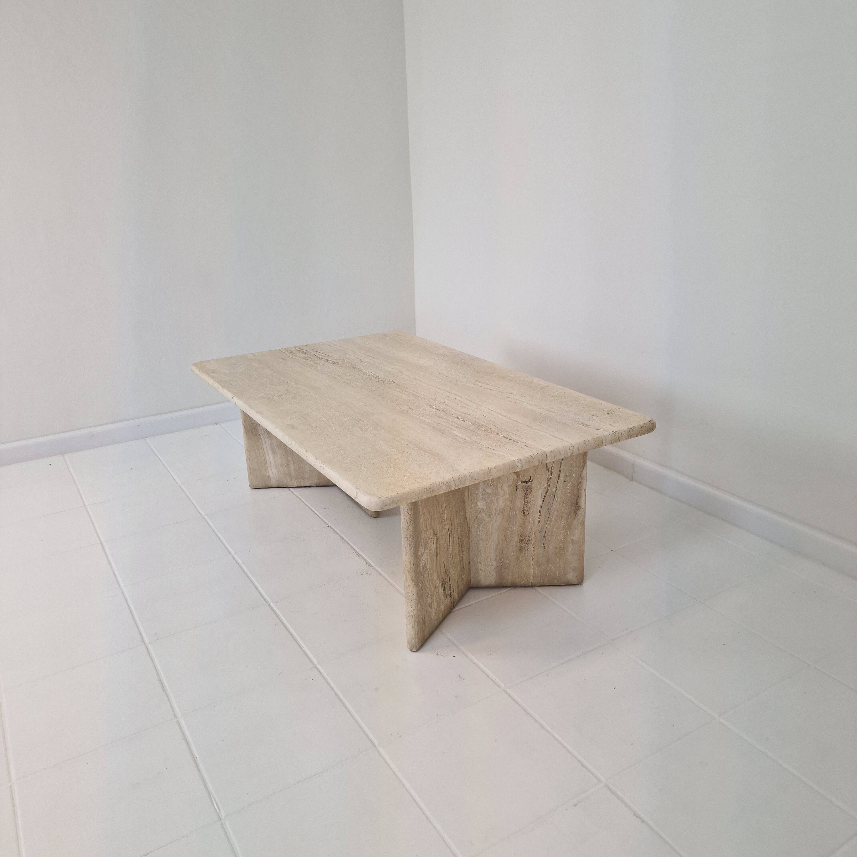 Robust Italian Travertine Coffee Table With two 3-leg Feet, 1980s