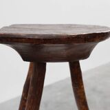 French wabi sabi low tripod stool in solid wood, 1850s