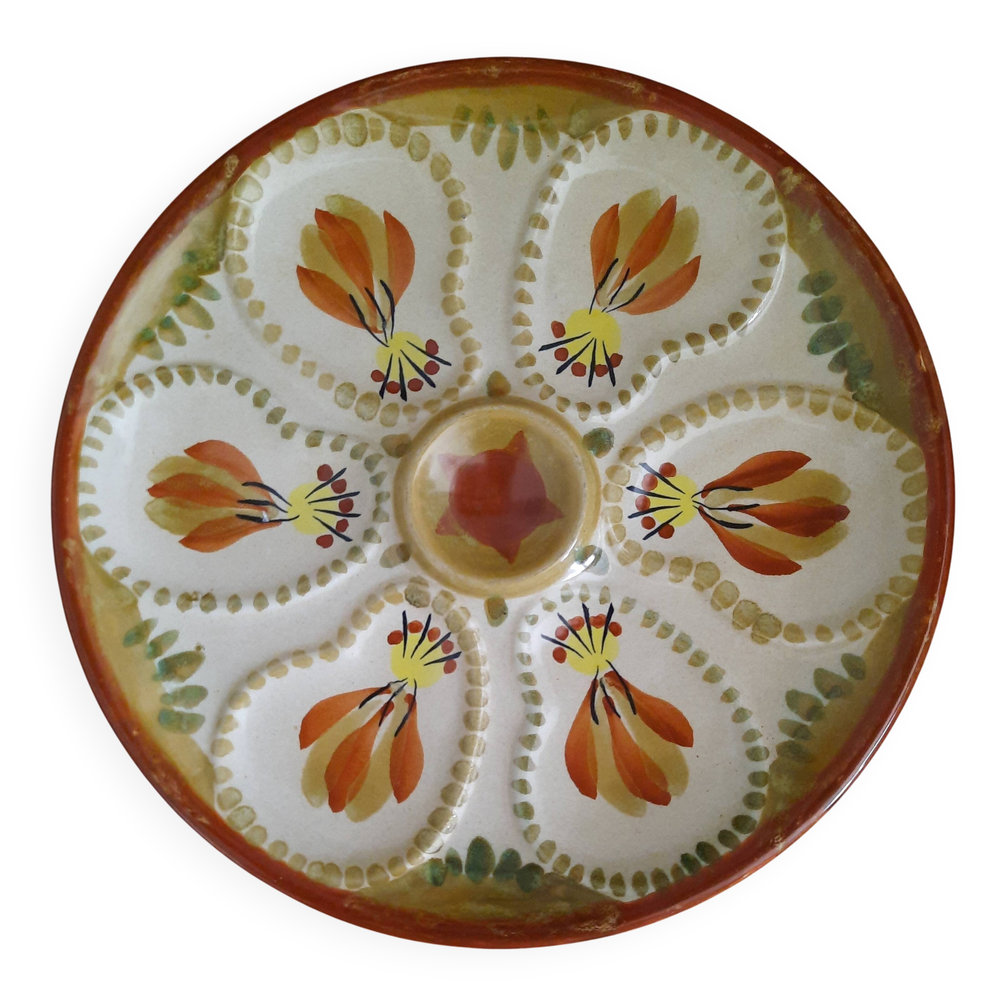 Assiette à huîtres hb henriot quimper grès 23 cm décor floral breton