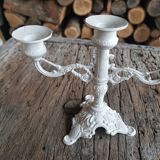 Bougeoir chandelier 3 feux patiné blanc effet vieilli
