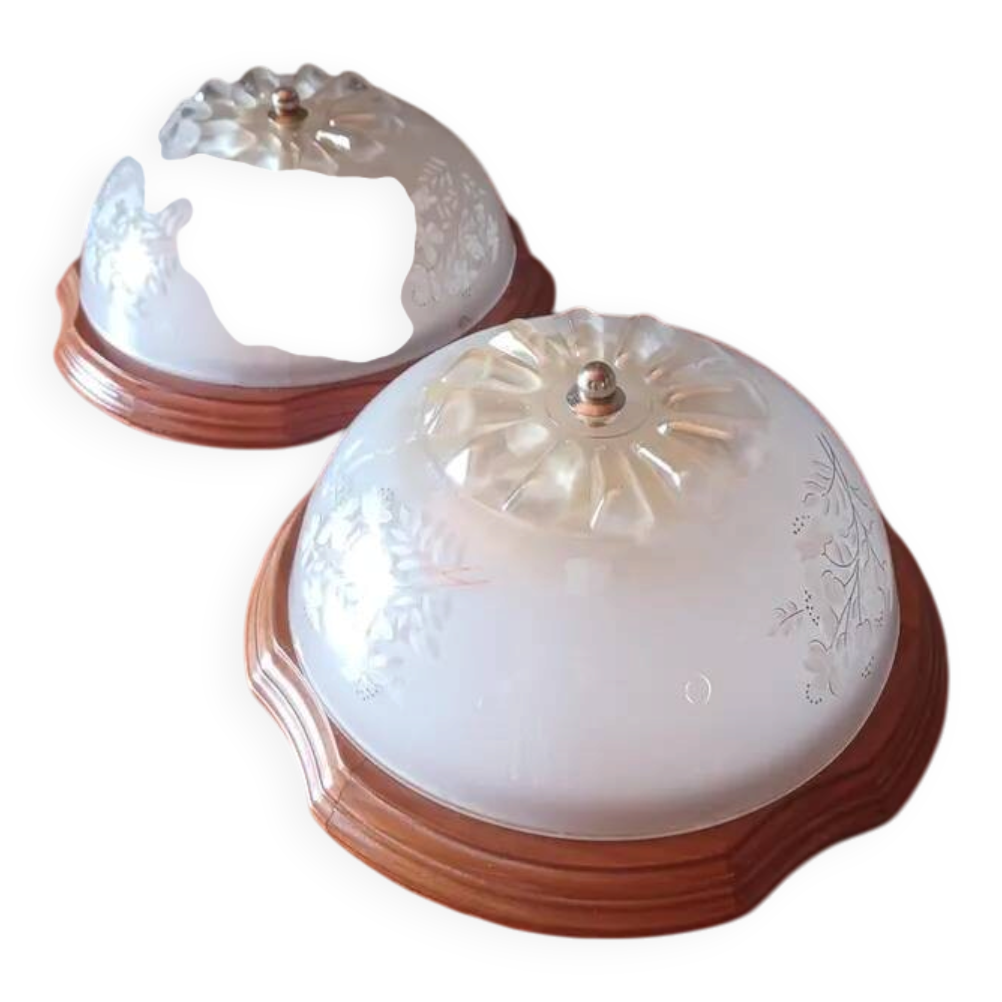 Plafonniers massifs vintage années 70/80, lot de 2 - Verre dépoli à motif floral en relief et base en bois, design belge