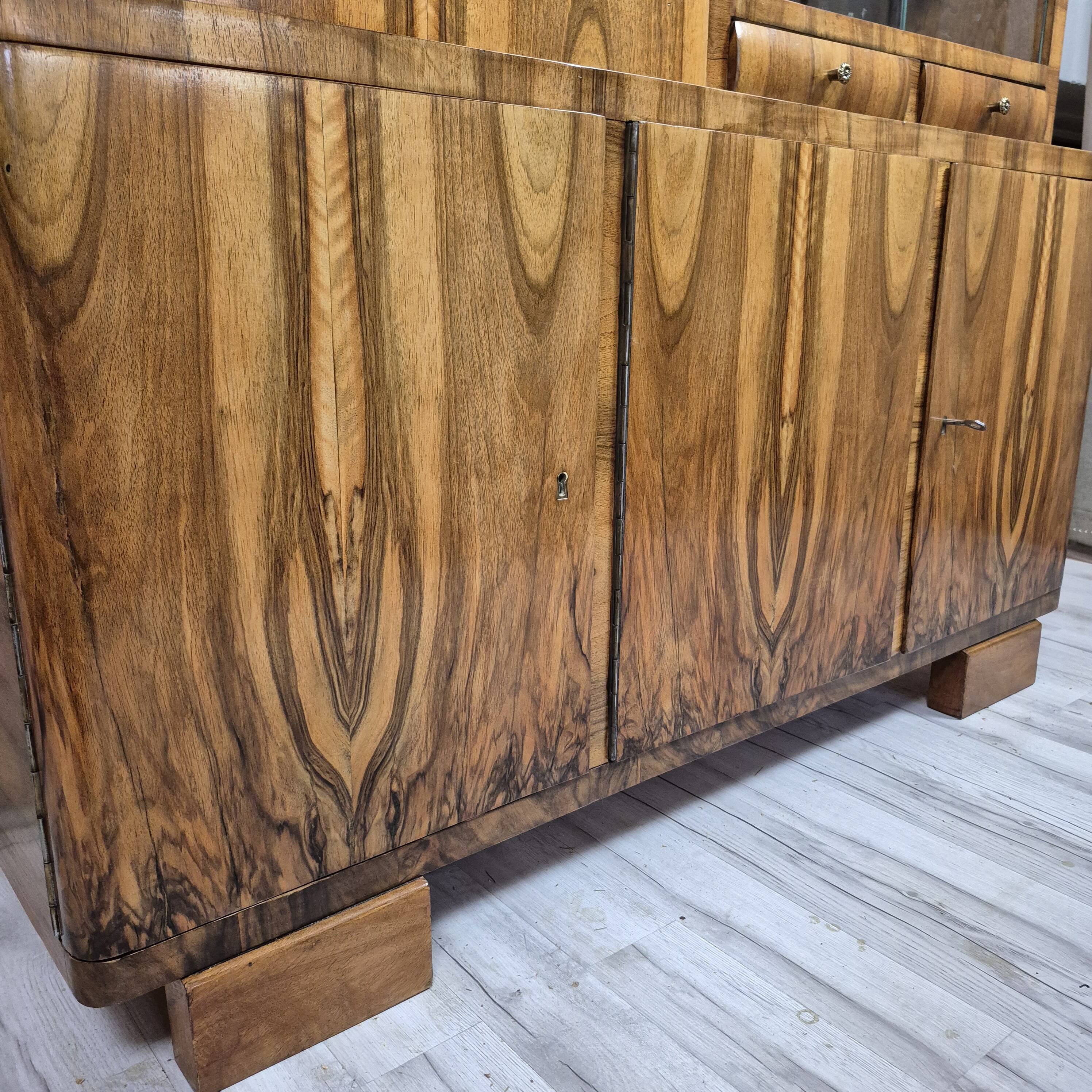 Restored Mid-Century Flame Walnut Highboard with Bar Cabinet - 1960s