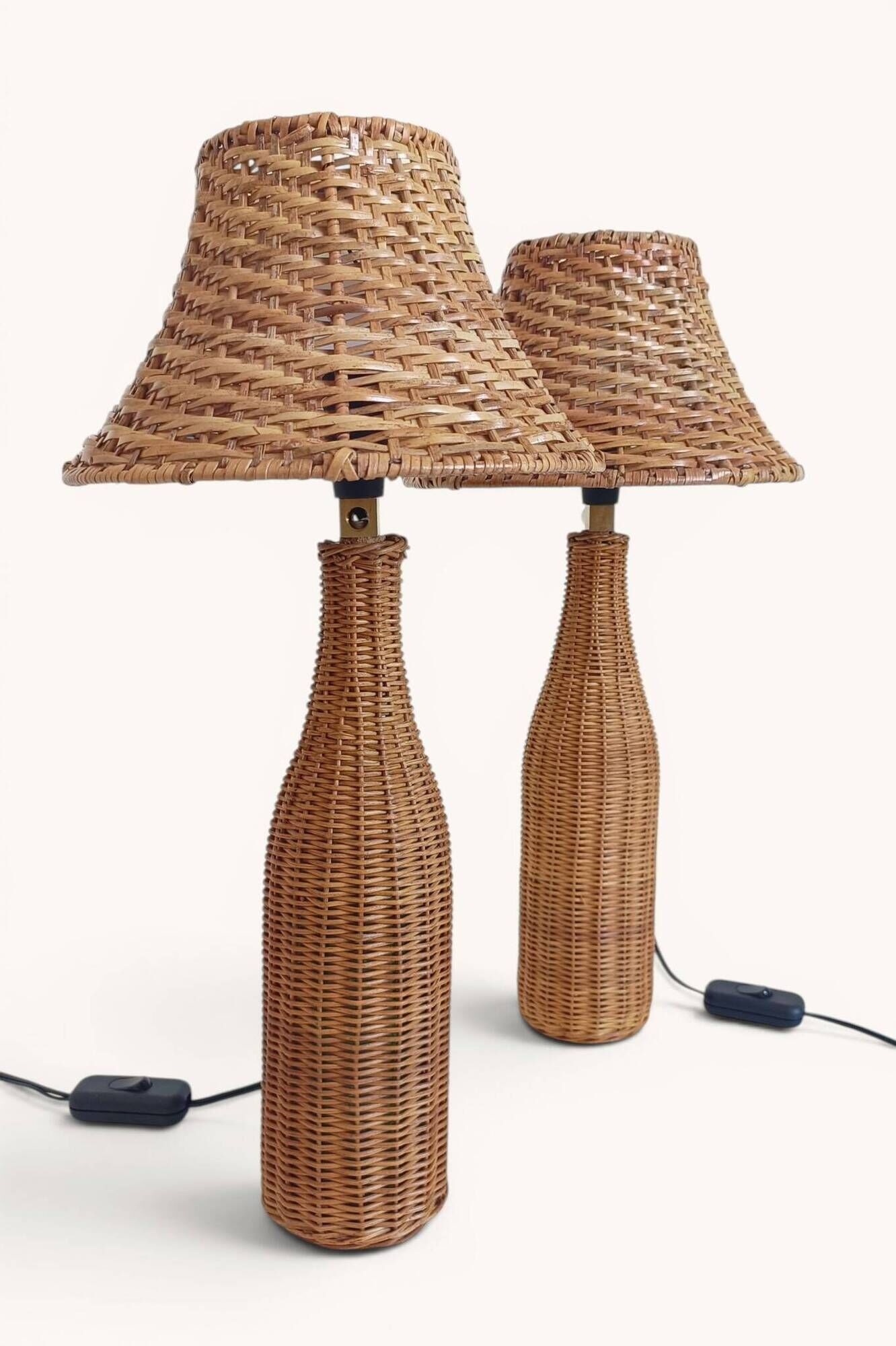 Pair of Table Lamps in Handwoven Wicker and Rattan, France, 1960s