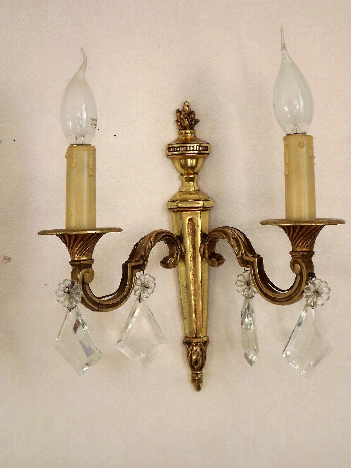 French Pair of Double Empire Brass Wall Sconces with Diamond Crystal Drops