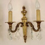 Paire française d'appliques murales double empire laiton avec gouttes de cristal diamant