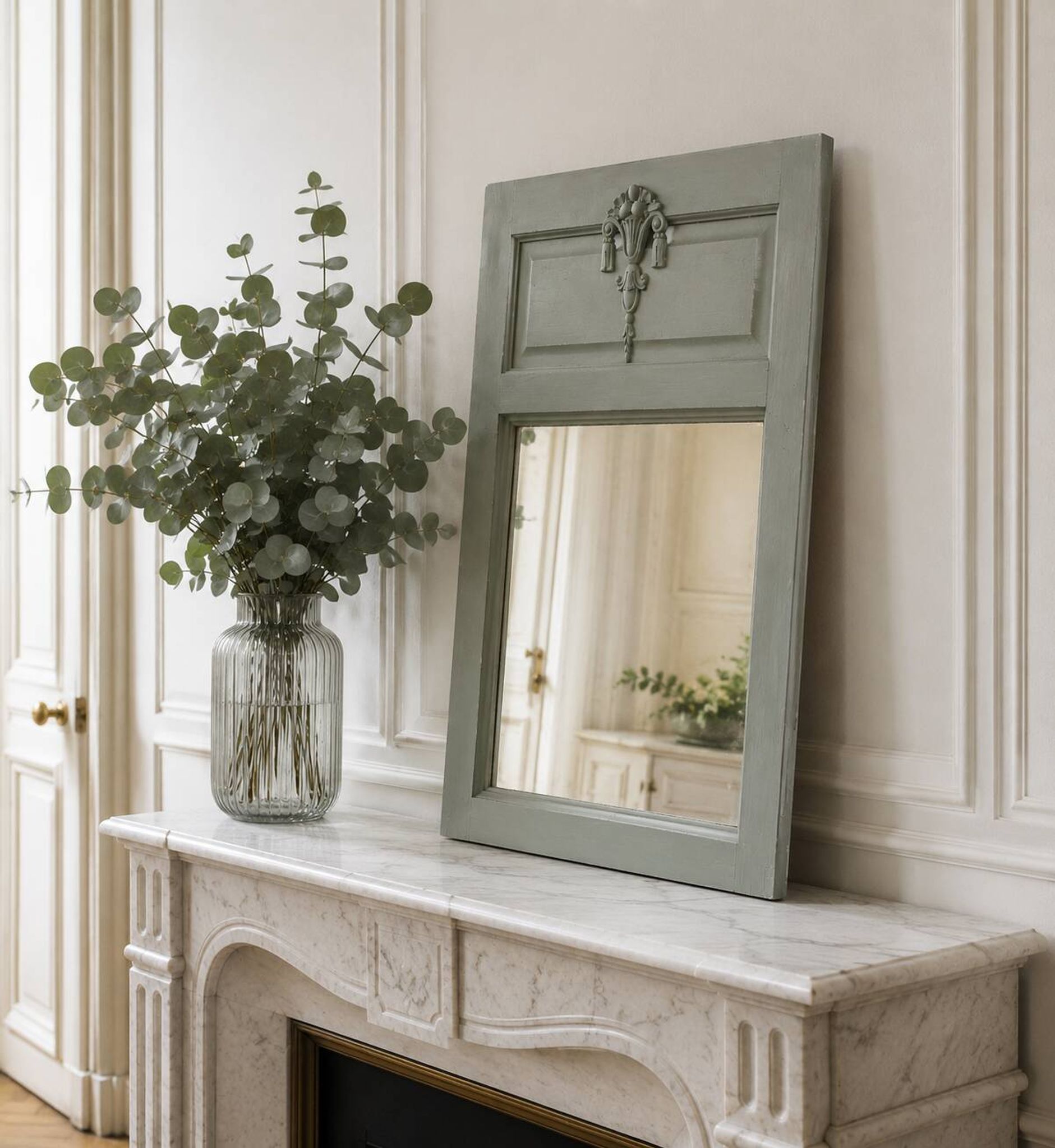 Antique mirror, painted trumeau in grey-green.