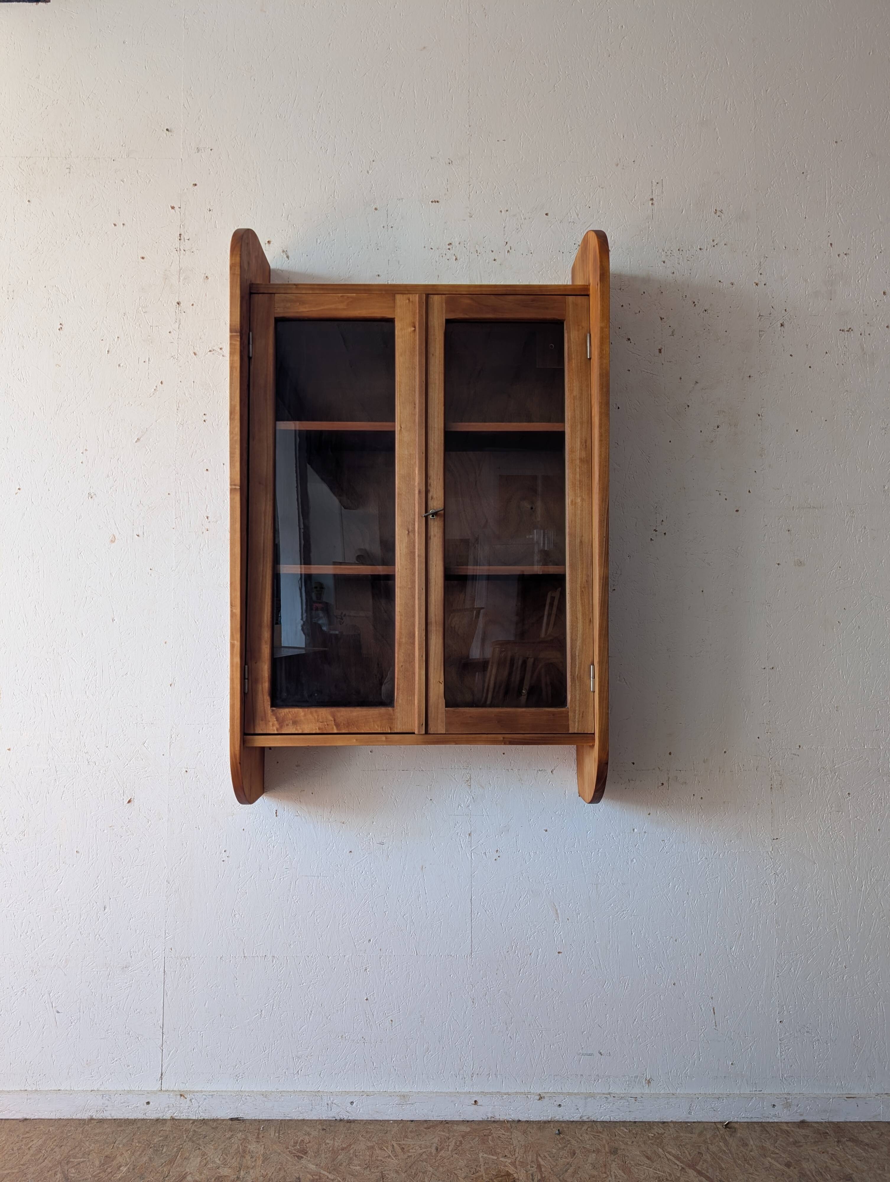 Solid cherry wood wall display case from the 50s