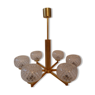 Chandelier 6 branches brass and glass