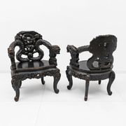 Pair of Chinese Qing Dynasty Carved Dragon Armchairs,Ebonized Hardwood,19th