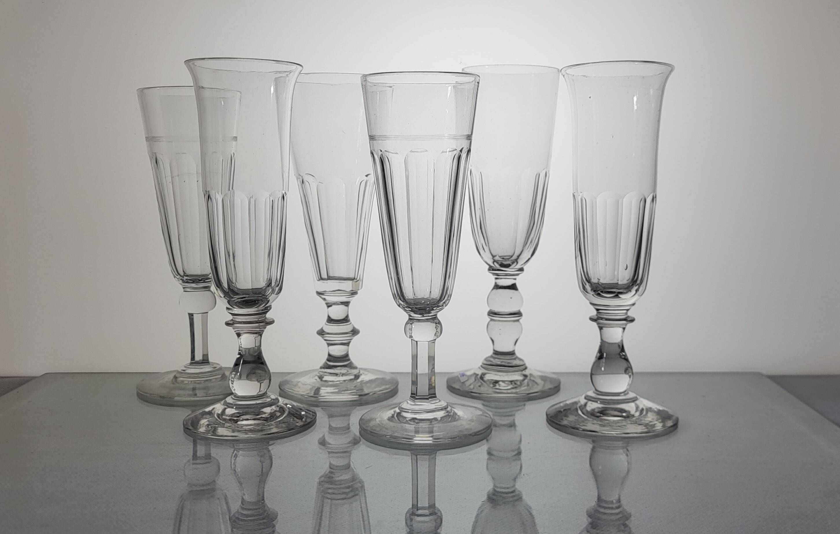 6 19th century champagne flutes / mismatched