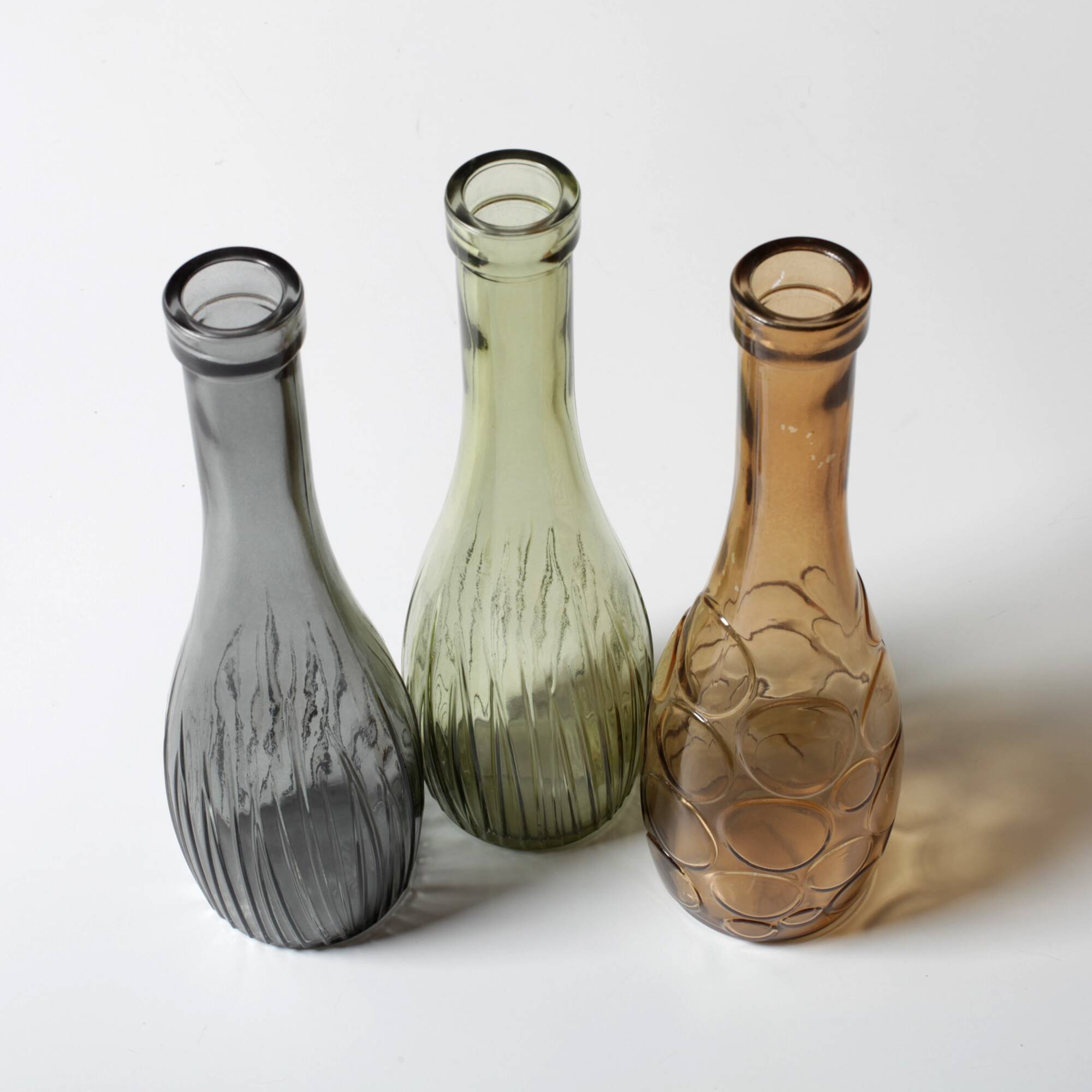 Set of 3 Grey, Green and Amber Glass Vases / Colored Bottles / Ikea / 2000s