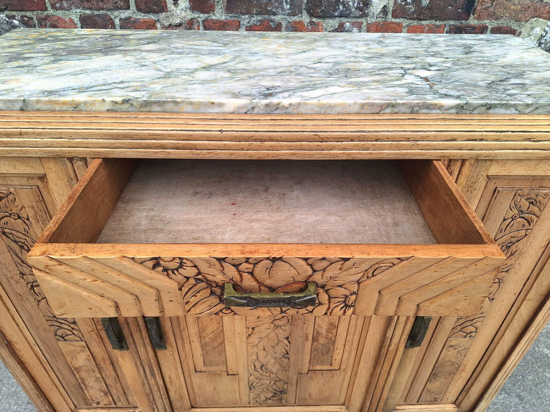 Art Deco buffet with marble top, antique sideboard.