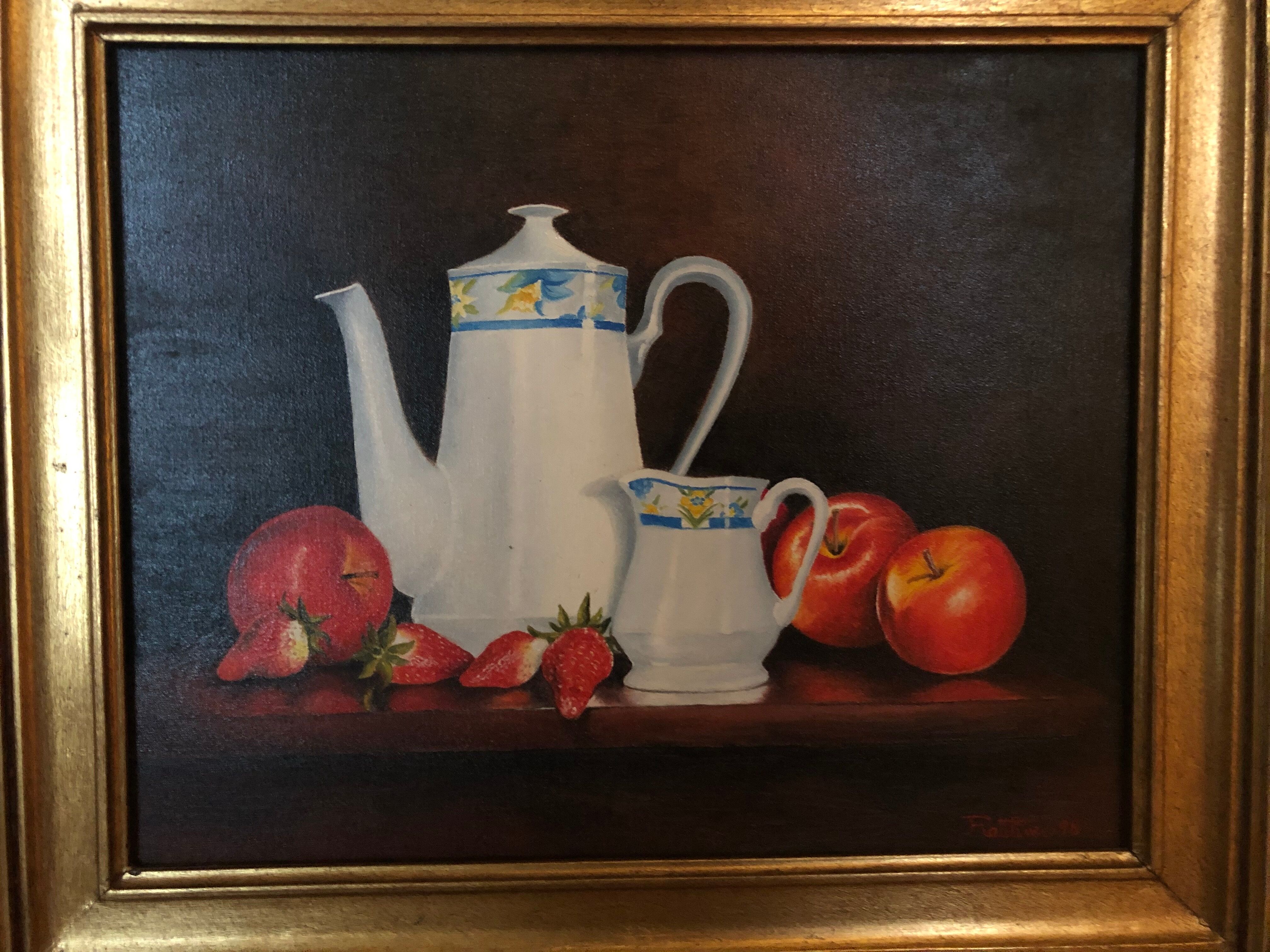 Oil on canvas: still life with apples, strawberries and tea service