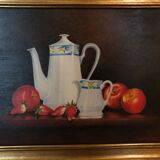 Oil on canvas: still life with apples, strawberries and tea service