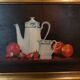 Huile sur toile nature morte aux pommes fraises et service à thé
