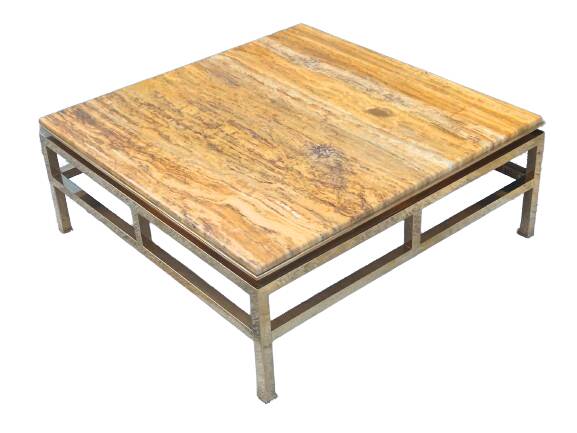 Table basse Guy Lefevre maison Jansen, laiton doré et travertin