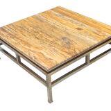 Table basse Guy Lefevre maison Jansen, laiton doré et travertin