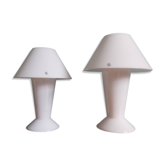 Pair of Peill & Putzler mushroom lamps in white opaline