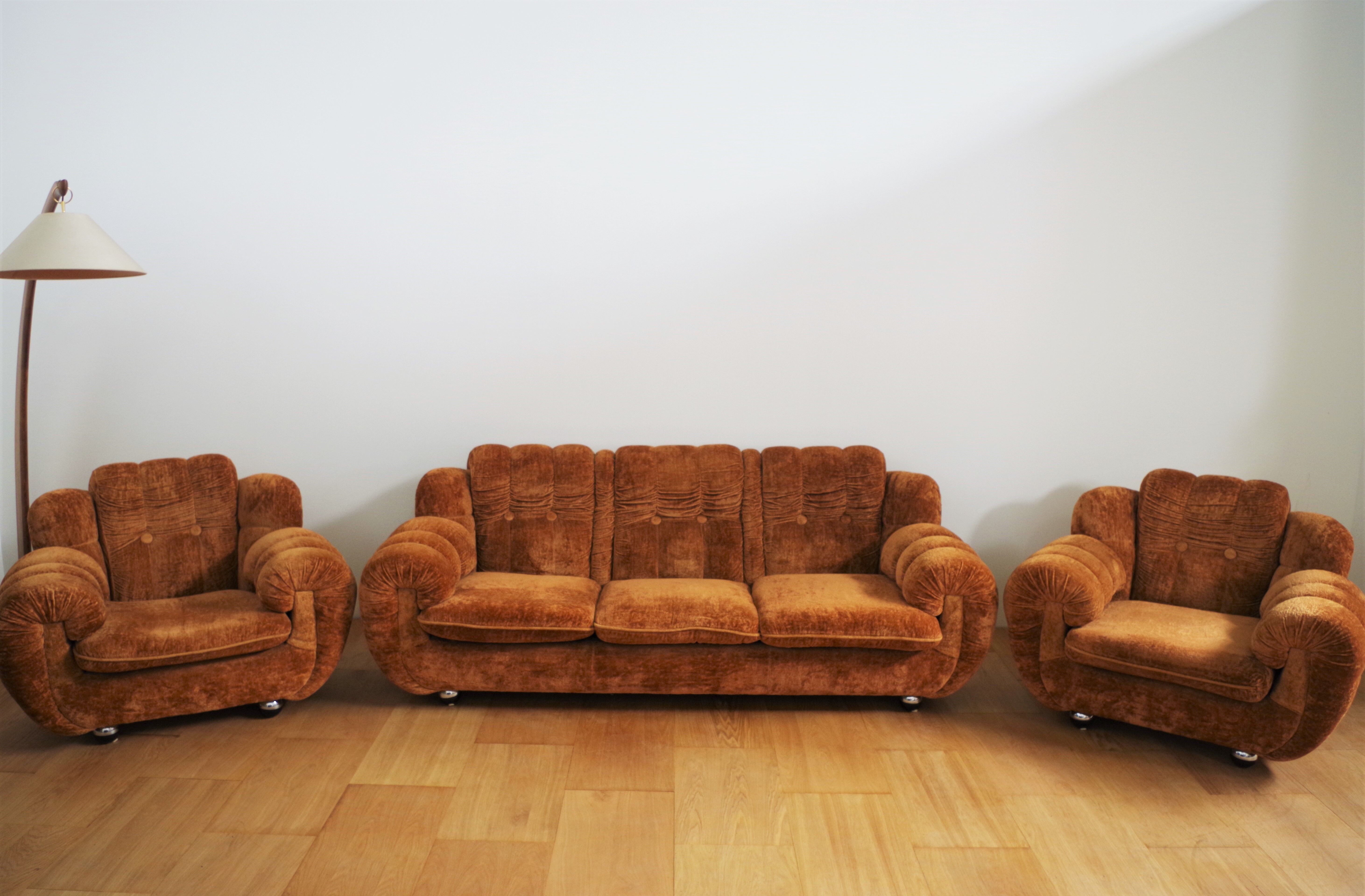Velvet armchairs and sofa, 1970s, set of 3