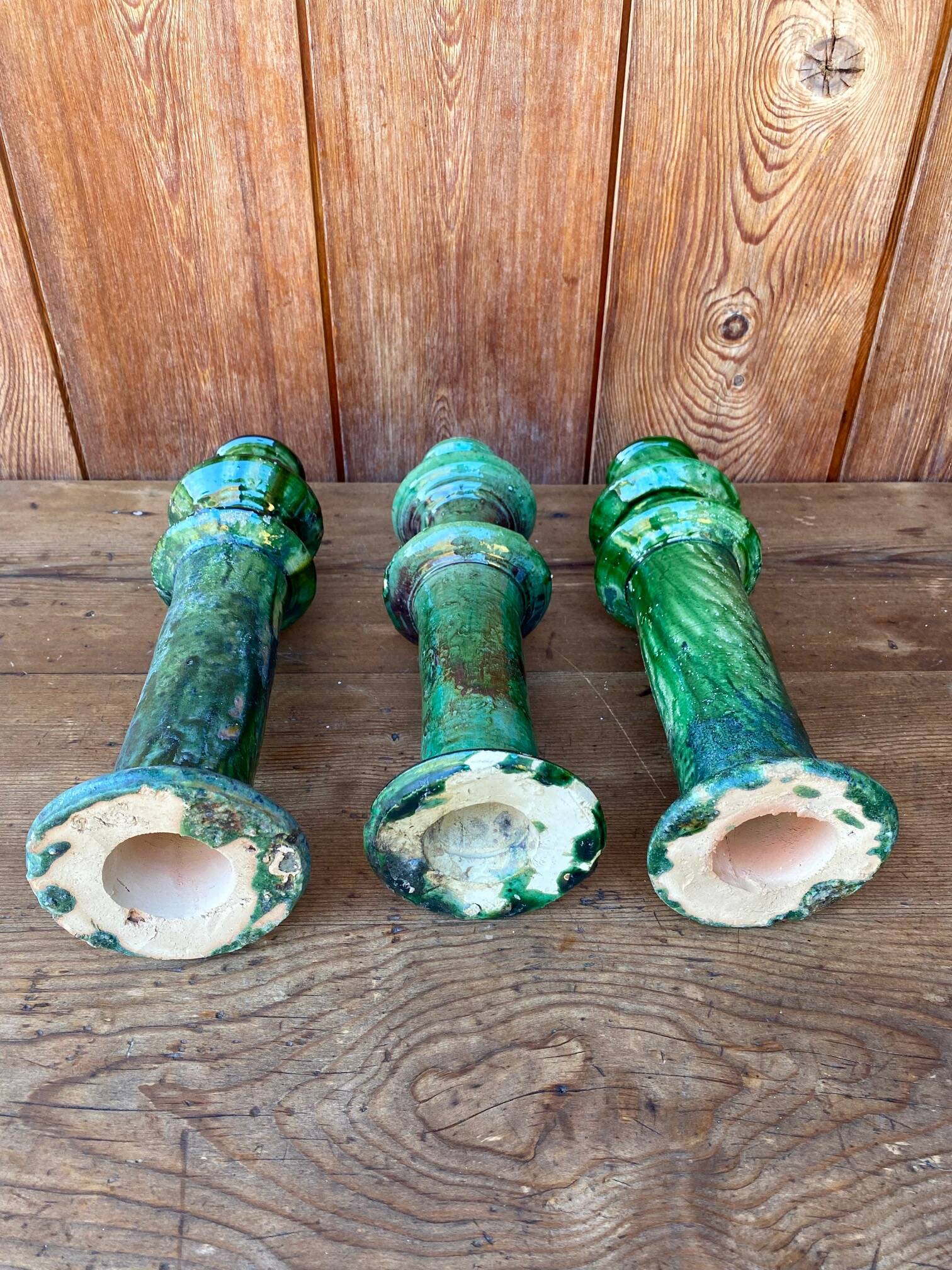 3 Tamegroute candle holders in green glazed ceramic from Morocco.