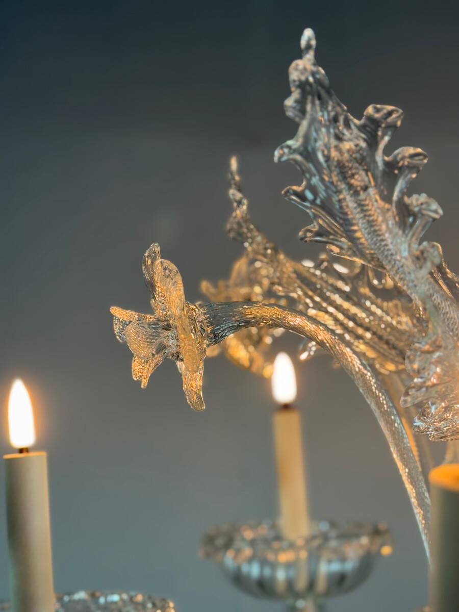 Venetian chandelier in colorless Murano glass, 6 light arms, circa 1940